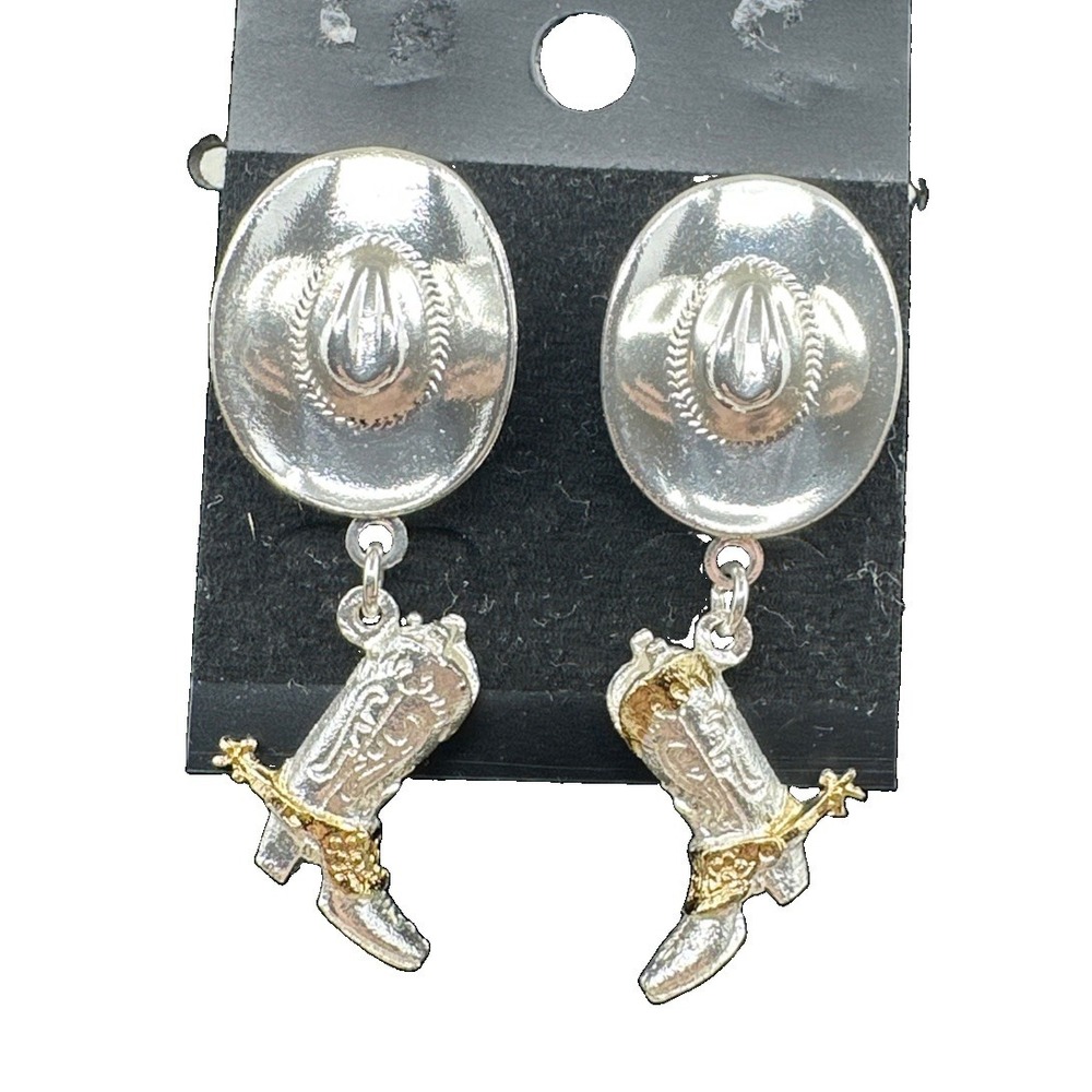 1 1/2 In. Dangle Boots With Golden Spurs and Silver Tone Cowboy Hat Earrings